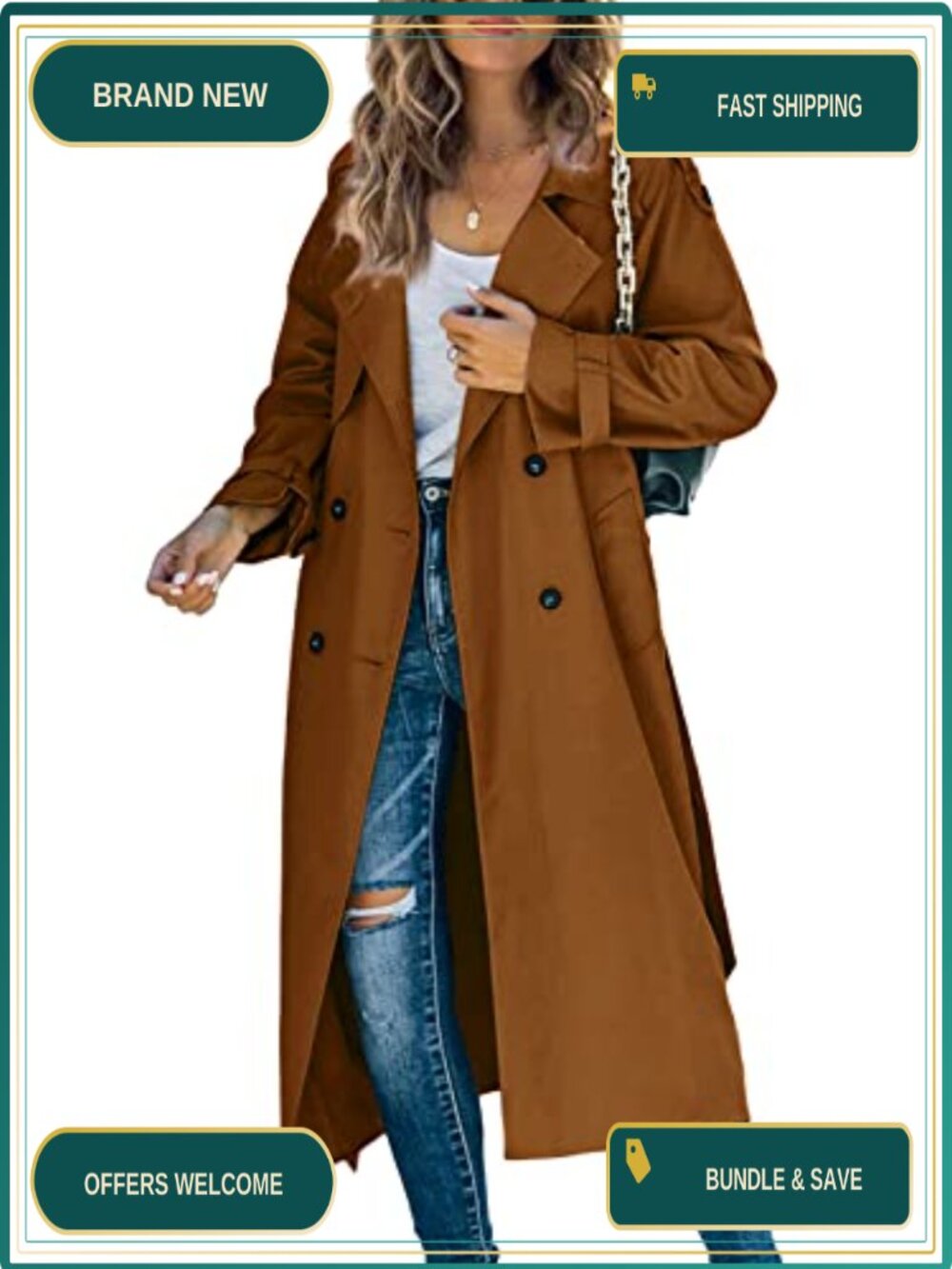 Women's Long Trench Coat Double Breasted Windproof Overcoat with Belt
